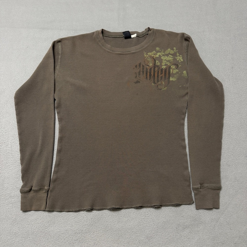 Hurley Thermal Shirt Mens M Brown Waffle Knit Graphic Long Sleeve Skater Surf